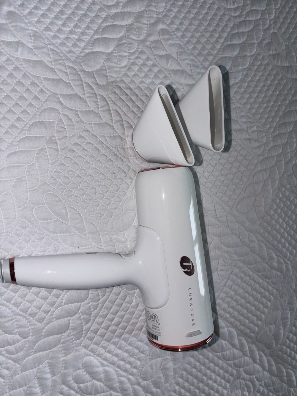 T3 White and Rose Gold Handheld Fabric Steamer with Nozzle Attachments
